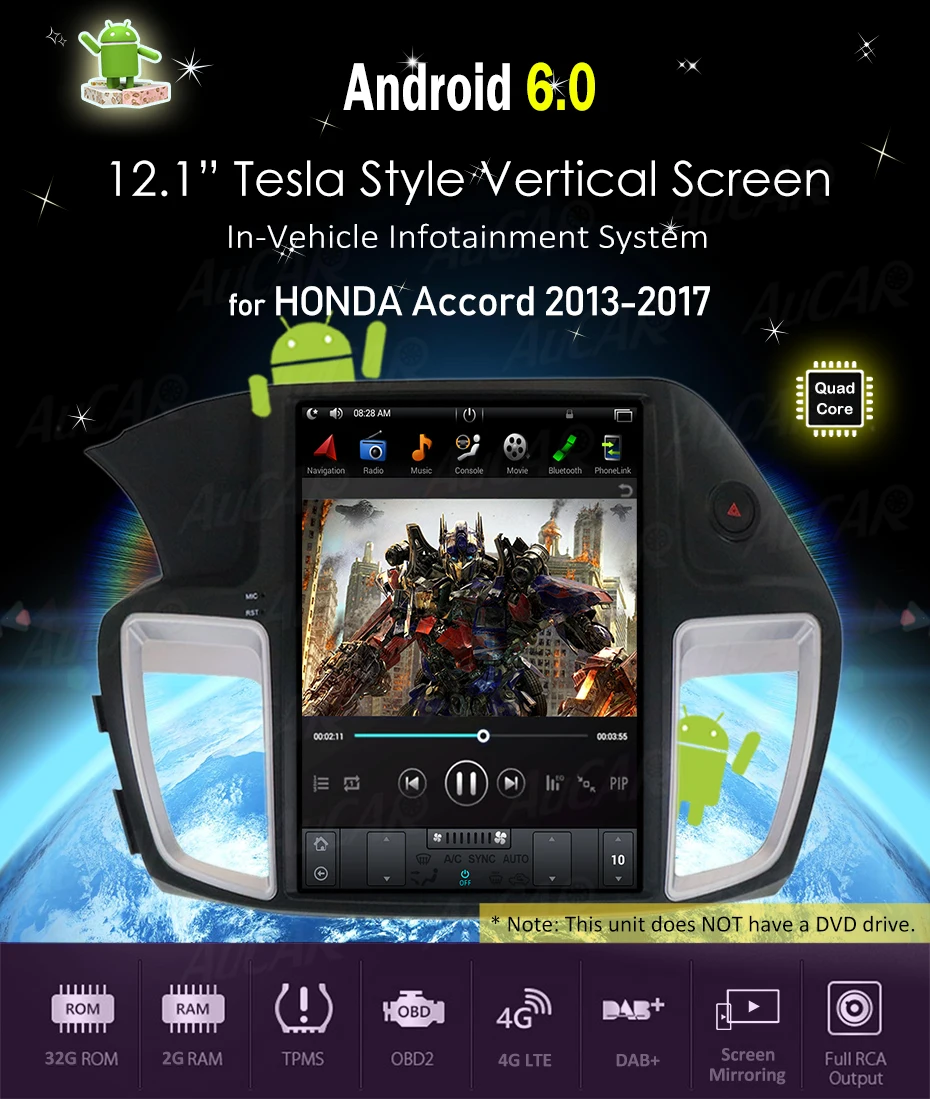 Aucar Tesla Стиль 2 din Автомобильный Радио gps навигация для Honda Accord 2013- Android 8,1 Авторадио multimidia кассетный плеер
