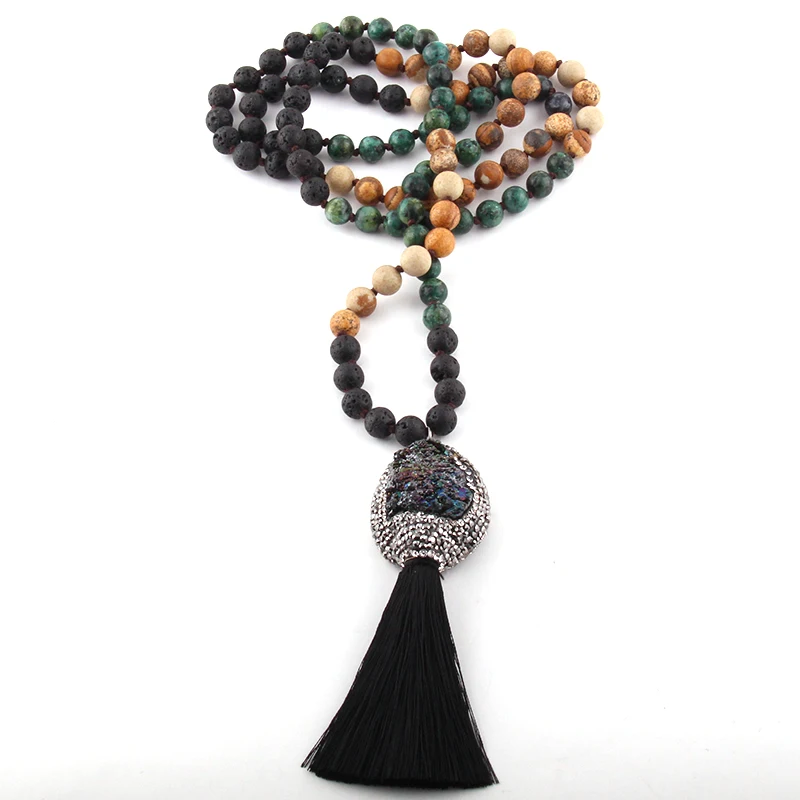 Модные богемные украшения 108 шт. натуральный камень завязанный Druzy& Tassel кулон ожерелье для женщин этническое ожерелье