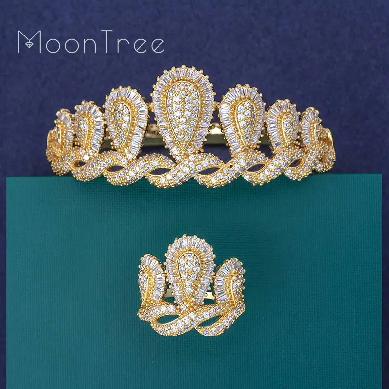 

MoonTree Luxury Crown Luxury Shining CZ Zircons Bangle Ring Set Wedding Bridal Dubai Jewelry Set for Women