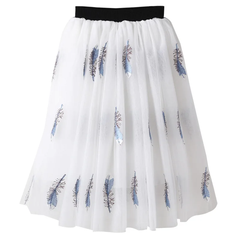 Юбка для девочек с перьями Новинка лета осени 2020 плиссированная белая длинная