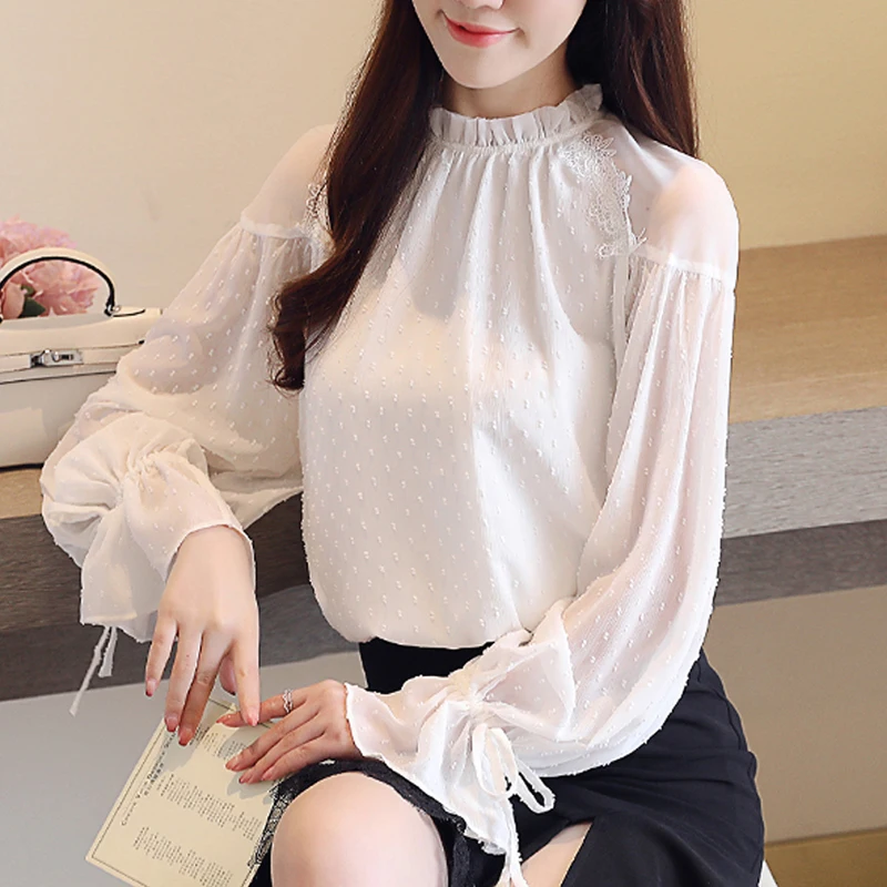 

fashion woman blouses 2019 white long sleeve chiffon women's shirt loose solid pink lantern sleeve blusa feminina 0783 30