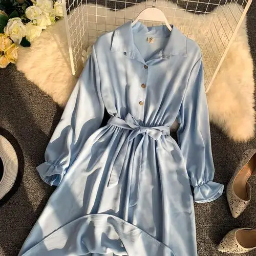 light blue Весна осень Новое Женское однотонное однобортное шифоновое платье трапециевидной формы с пышными рукавами и шнуровкой на талии женские элегантные платья - Цвет: light blue