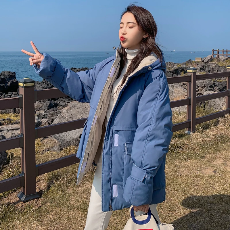 Женская куртка с капюшоном и двумя карманами свободная длинная стеганая парка