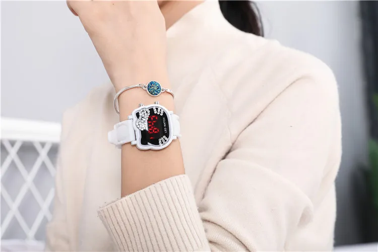 white Милые, часы hello kitty, детские часы с кристаллами для девочек, цифровой светодиодный, детские часы, женские часы-браслет, Relogio Feminino - Цвет: white
