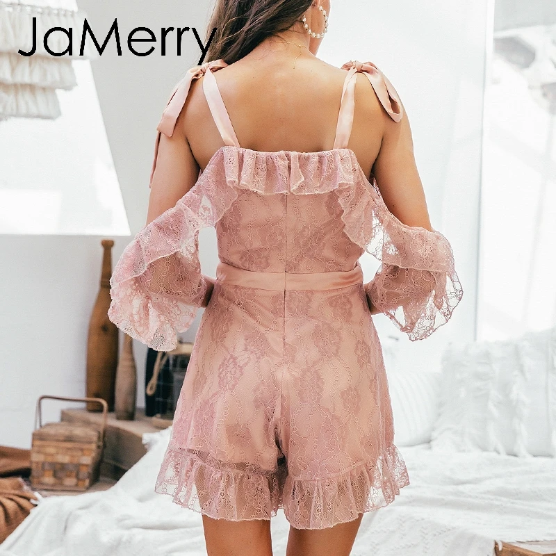 JaMerry Винтаж Элегантный Раффлед открытыми плечами кружевной комбинезон для