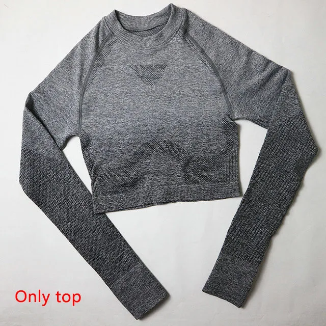 Gray Top Бесшовный комплект для йоги; одежда для спортзала; Комплект для тренировок; спортивный костюм с длинным рукавом; укороченный топ для фитнеса; Леггинсы для йоги; Спортивный костюм; спортивная одежда для бега - Цвет: Gray Top