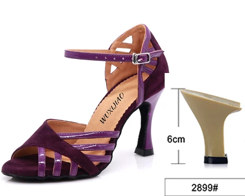 Purple heel 6cm WUXIJIAO танцевальная обувь для латиноамериканских женщин ПУ+ замша Сальса Танцевальная обувь блестящая Профессиональная Обувь для танцев бальные мягкие туфли - Цвет: Purple heel 6cm