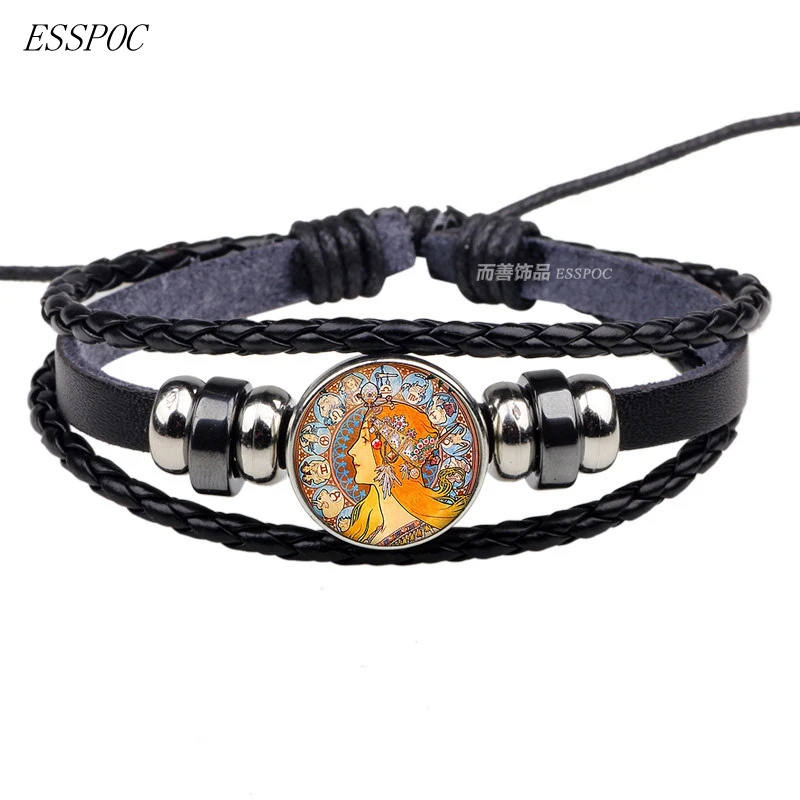 

Zodiac Alphonse Mucha Art Black Bracelet Punk Button Woven Leather Bracelet for Women