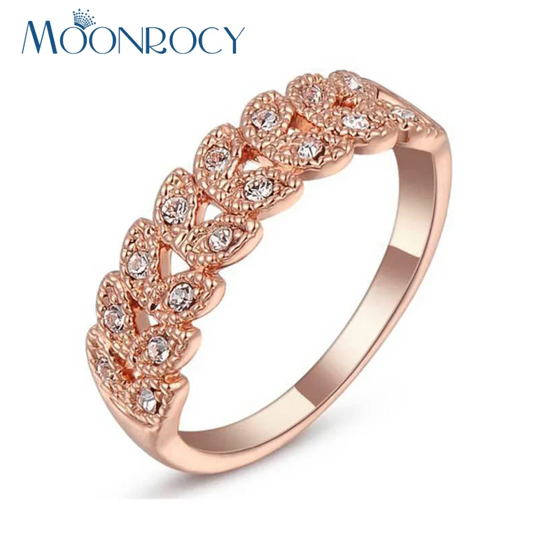 

MOONROCY New Free Shipping Jewelry Wholesale Cubic Zirconia Crystal Rings Rose Gold Color Wedding bijouterie for women Gift