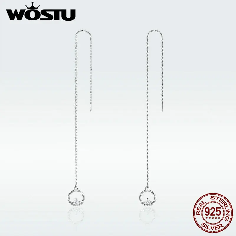 Женские серьги подвески WOSTU Длинные круглые из стерлингового серебра 925 пробы с
