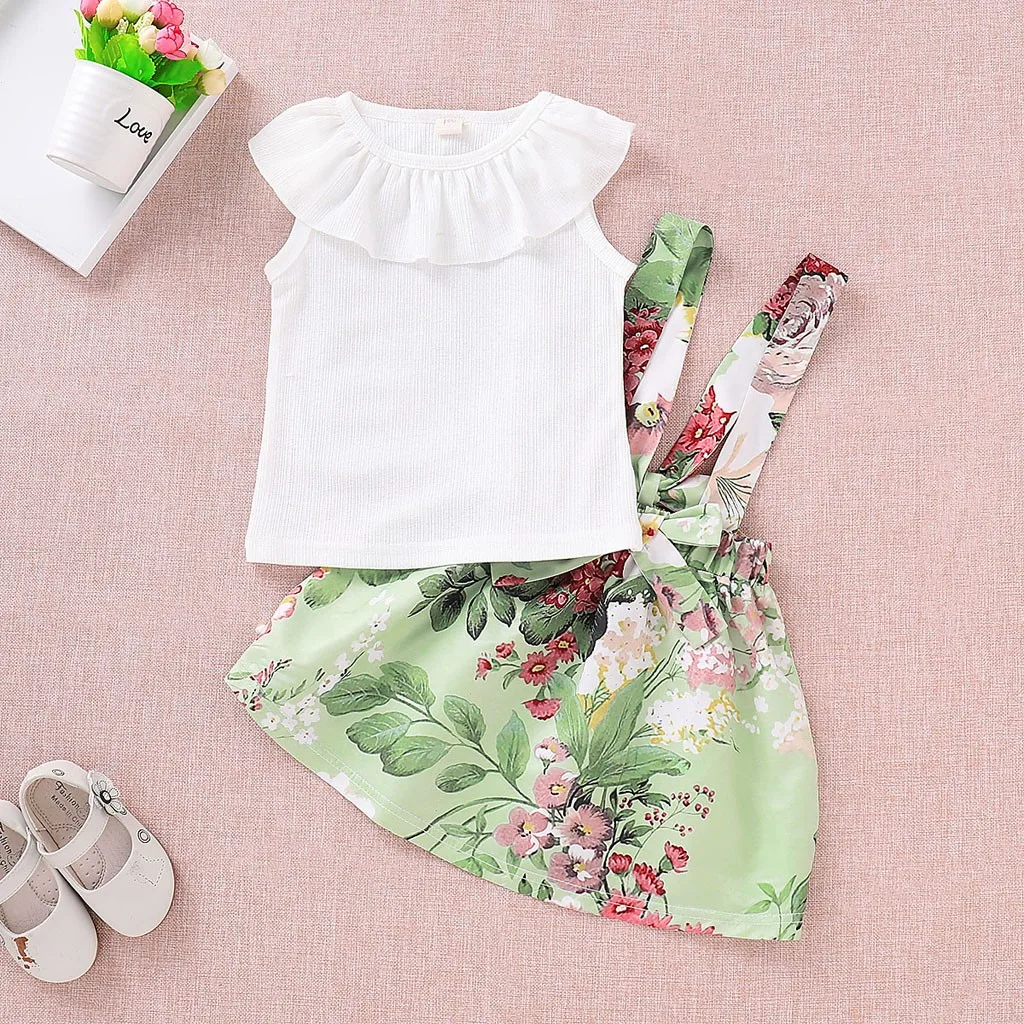 Kids Dresses For Girls Sleeveless Solid Ruffles Tops Floral Overall Outfits Robe Princesse Enfant Fille Dress Girl | Детская одежда и