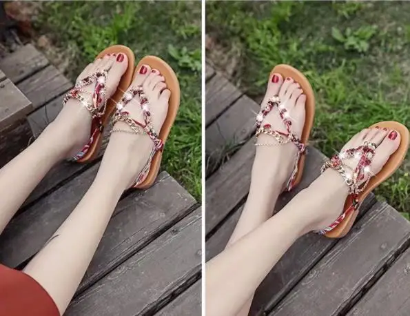 New seaside sandals for women in 2019 Summer Water Drill Ethnic Wind Bohemia Beach Shoes Pinch Foot Flat Bottom Roman Baitie | Обувь