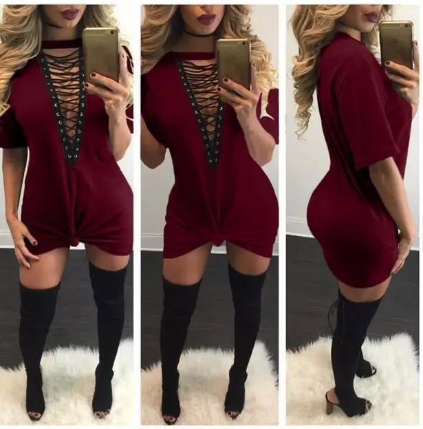 Женское платье футболка с глубоким V образным вырезом на шнуровке|dress vestidos|shirt dresst