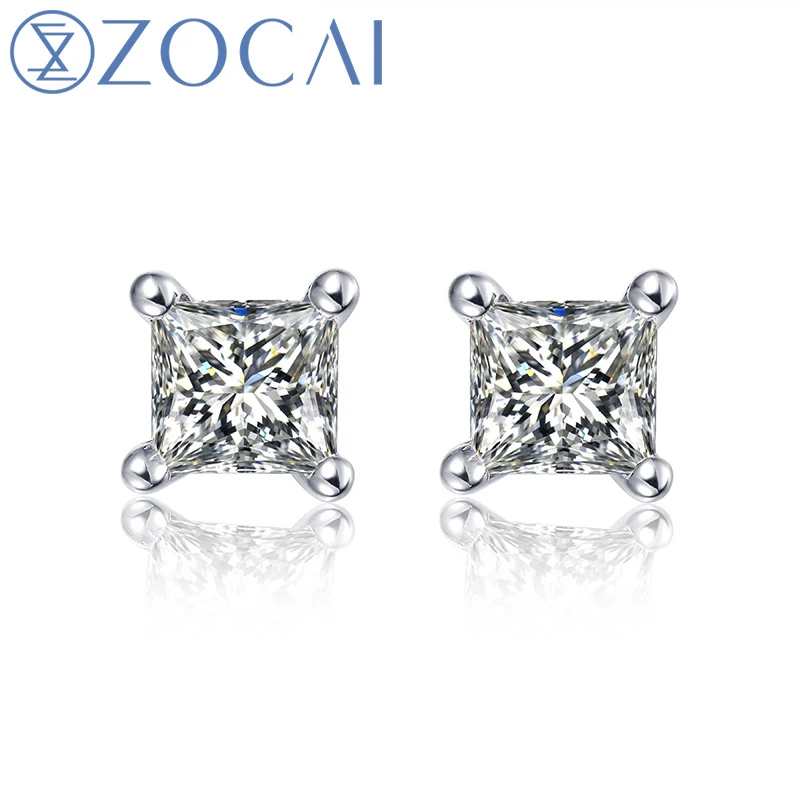 18K White Gold ZOCAI натуральный бриллиант 0,16 карат Принцесса огранка настоящий бриллиант серьги гвоздики 18 К золото E80009T - Цвет камня: 18K White Gold