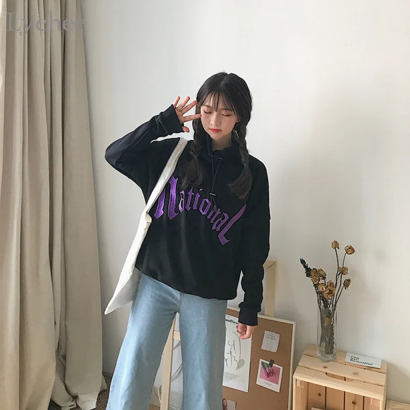 Женский свитшот Lychee в стиле Харадзюку весенне-осенний с буквенной вышивкой