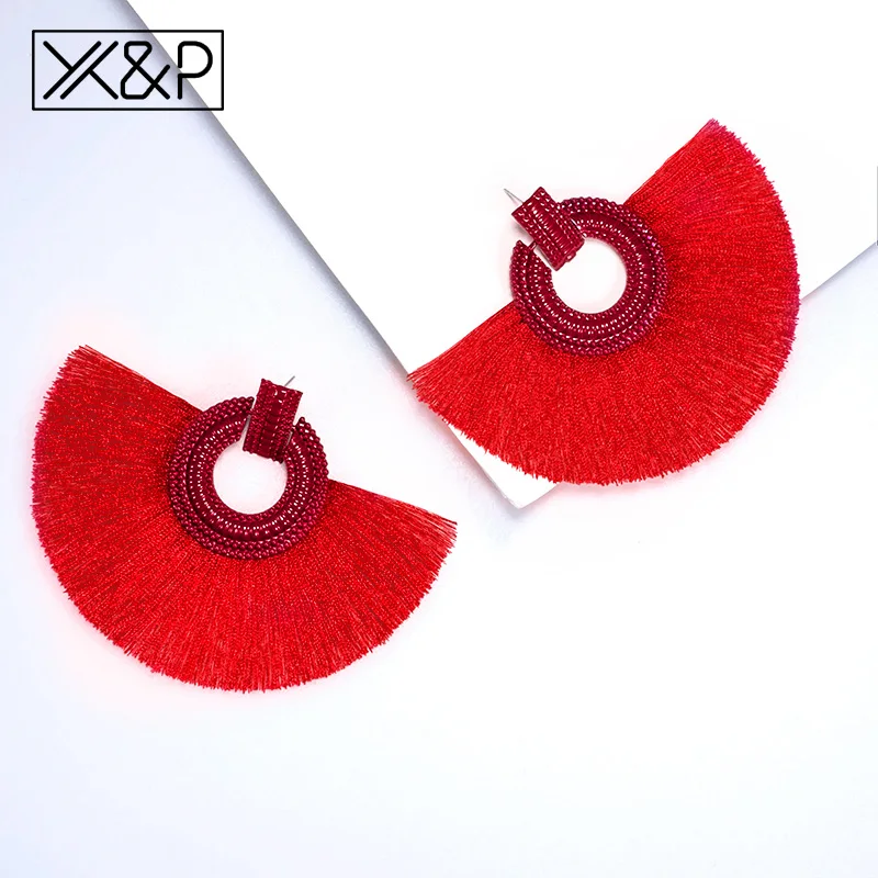 X& P красивые богемные серьги-капли с большой кисточкой для женщин, серьги с бахромой ручной работы, модные женские серьги, ювелирное изделие - Окраска металла: Red