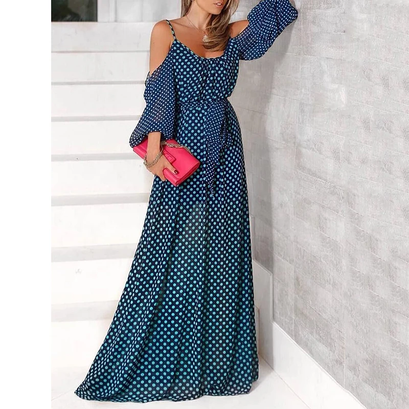 

Nice Vogue Polka Dot Print Long Dress Women Elegant Formal Party Dress Ladies Blue Cold Shoulder Dots Maxi Dress Robe Femme