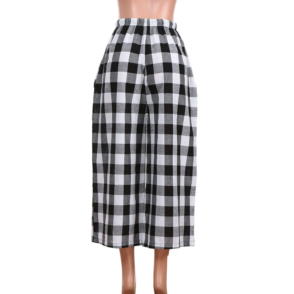 Женские хлопковые клетчатые длинные брюки Boho свободные с эластичной талией и