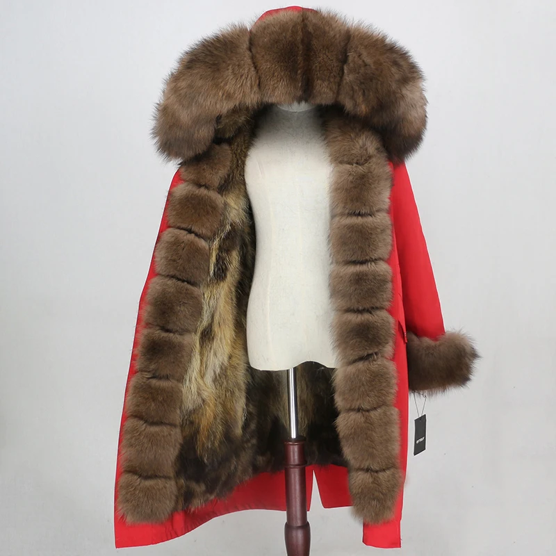 red natural brown OFTBUY, зимняя женская куртка, пальто с натуральным мехом, удлиненная парка, водонепроницаемая верхняя одежда, Воротник из натурального Лисьего меха, капюшон, подкладка из лисьего меха, съемная - Цвет: red natural brown