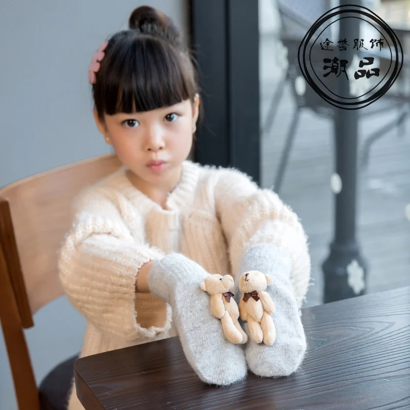 Осенне зимние кашемировые перчатки для девочек с мультяшным медведем кроличьим