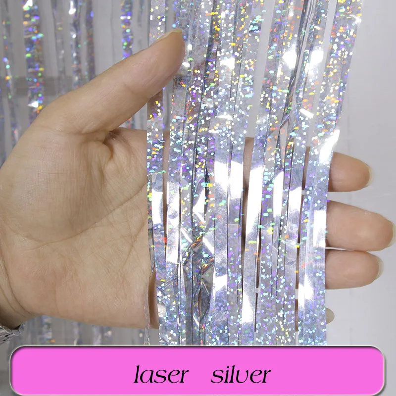 laser silver 1/2/3 м розово-золотистый металлик Блестки из фольги бахрома Шторы День рождения украшения Свадебный фон для фотосъемки с изображением Шторы реквизит для фотосессии - Цвет: laser silver