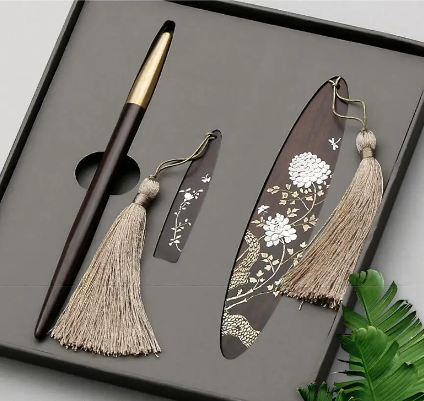 Red wood carving ancient style bookmark pen  USB flash disk gift set free shopping