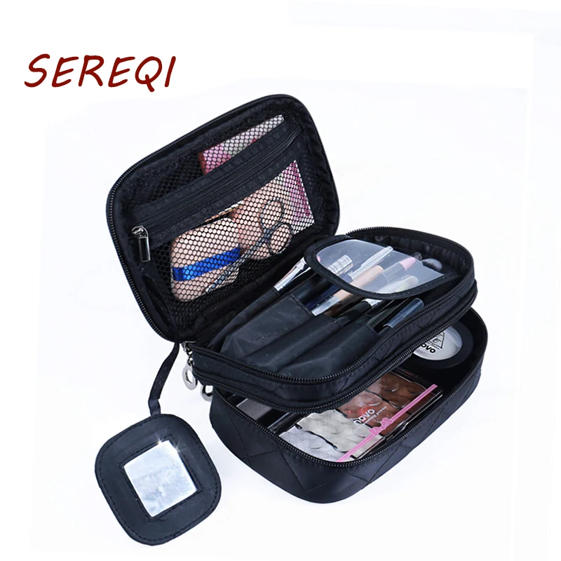 

Portable Makeup Bag Double Layer Toiletry Cosmetic Brush Organizer with Mirror for Women Multifunctional Travel Cosmetic bag