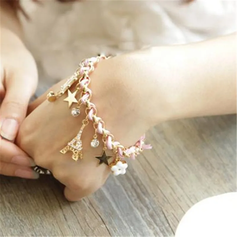 Romantic Pink Flower Love poker Eiffel Tower Bracelet Fashion Jewelry for Women Girls Weave Charm Star Anklets Gift | Украшения и