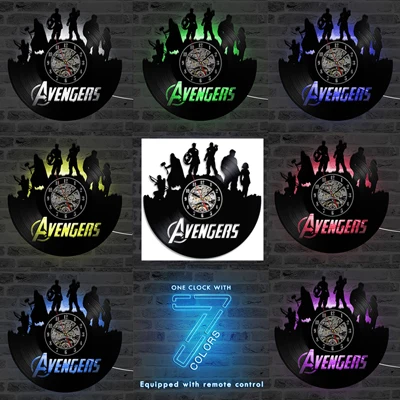 Мстители Виниловая пластинка настенные часы с 7 цветами изменение Marvel Comics светодиодный настенные часы Железный человек и Капитан Америка и Тор Подвесные часы - Цвет: D-7 Color LED Change