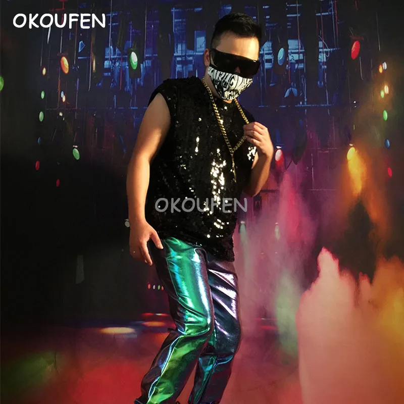 

Men's personality Sequins Vest New loose Tops costumes nightclub bar male singer dancer show stage performance accessories