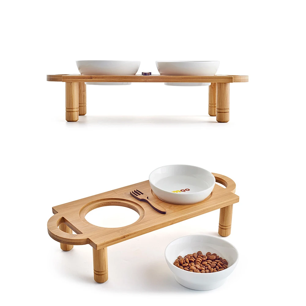 Кошка Собака Стенд Чаша два Керамика s чаши собак питьевой воды миски Bamboo