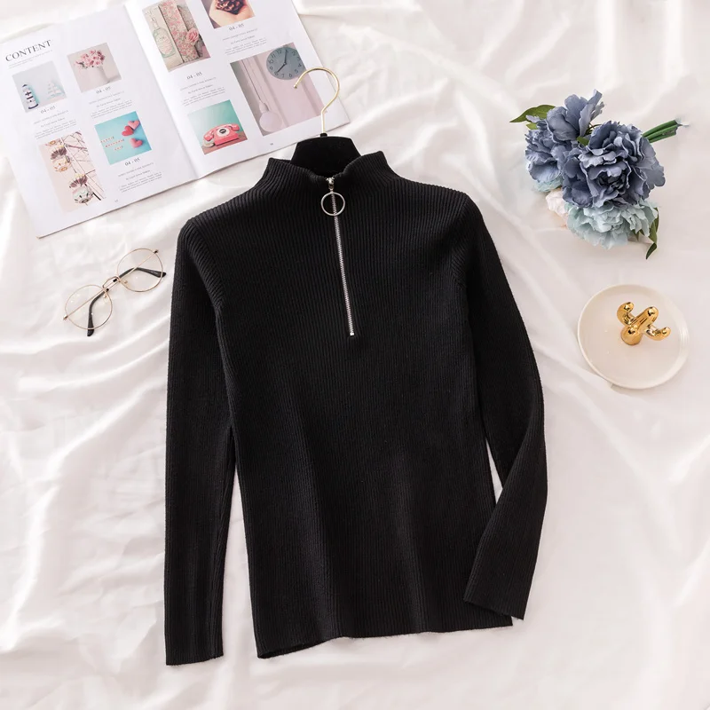 Zipper Sweater Women Turtleneck Solid spring autumn female Knitted sweater Pullovers long Sleeve chic Soft Jumper top | Женская одежда