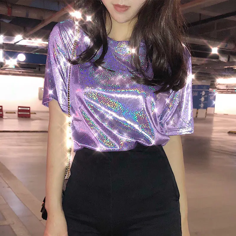 Голографическая женская футболка с коротким рукавом и круглым вырезом розовый