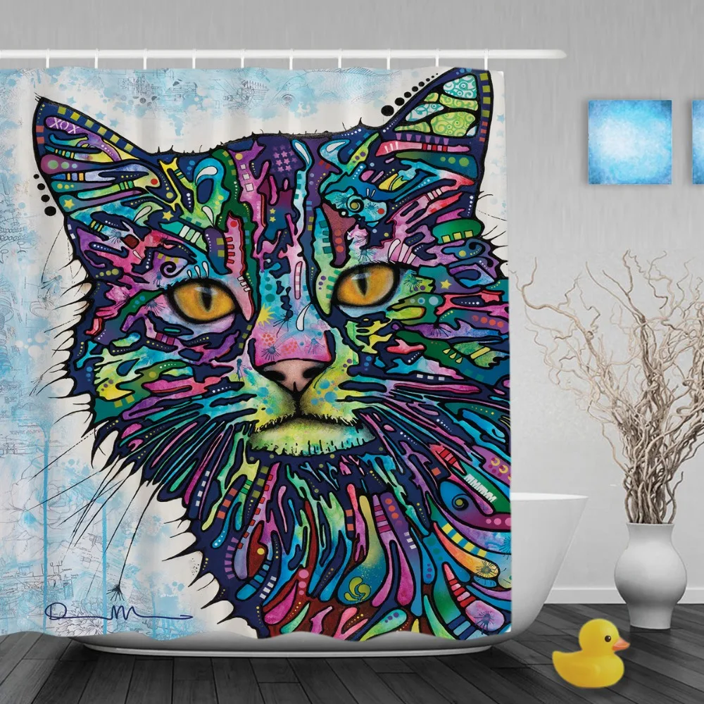 Cute Cat Shower Curtain Art Pet Dog Waterproof Bathroom Creative Polyester Colorful Animal Decoration With Hook | Дом и сад