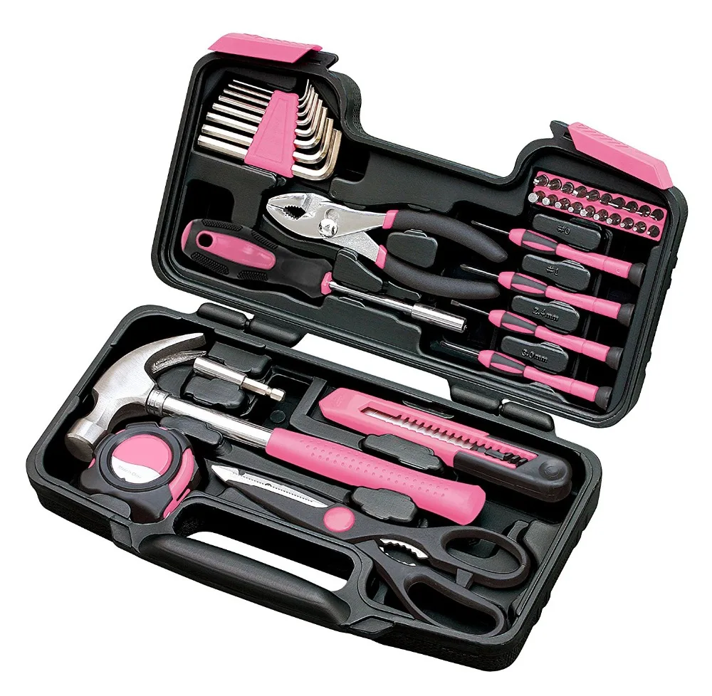 

UNeefull 39 Piece General Repair Household Home Hand Tool Set with Tool Box Storage Case Pink Ribbon