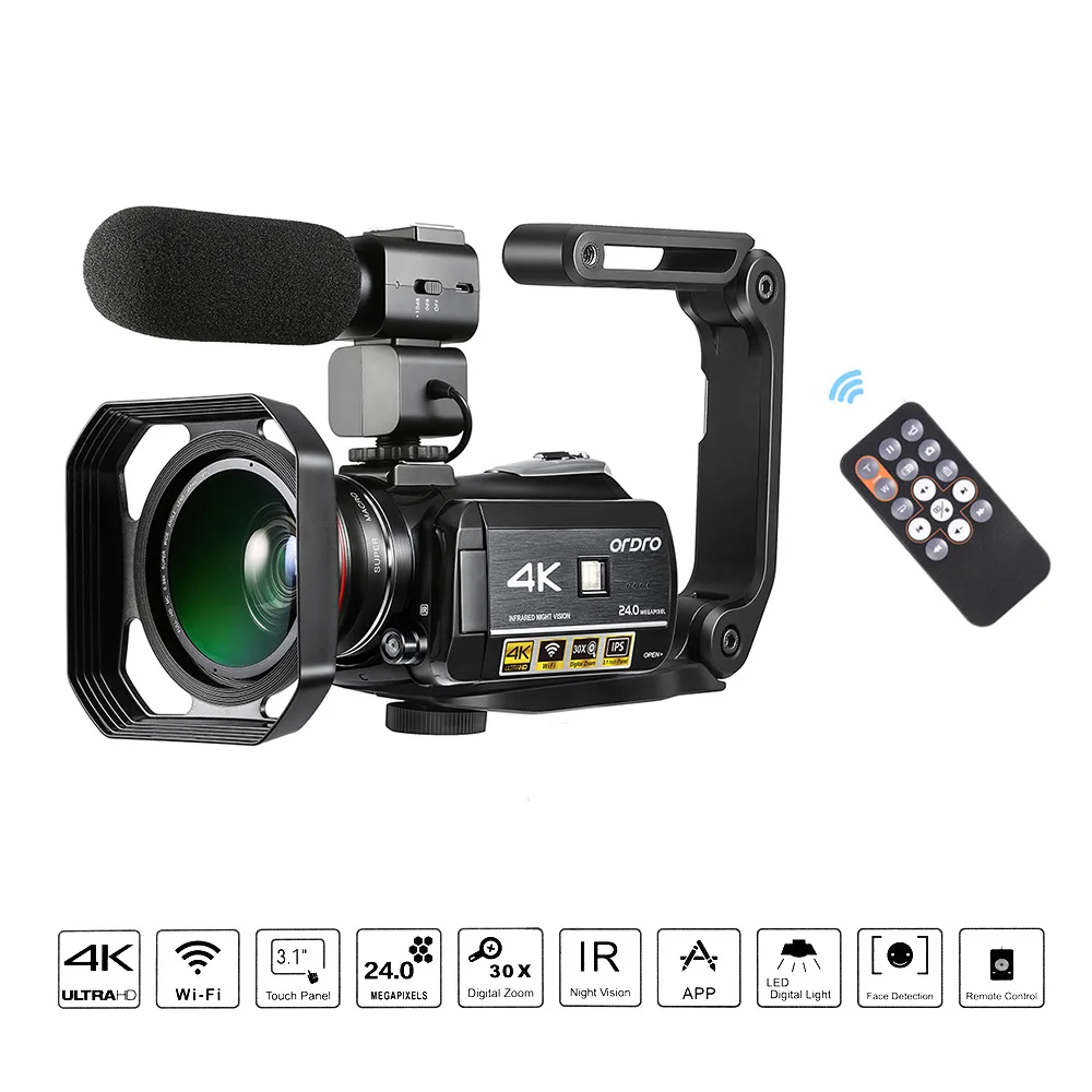 ORDRO AC3 4K WiFi цифровая видеокамера 24MP 3,1 дюймов ips 0.39X широкоугольный объектив+ микрофон+ бленда+ держатель камеры
