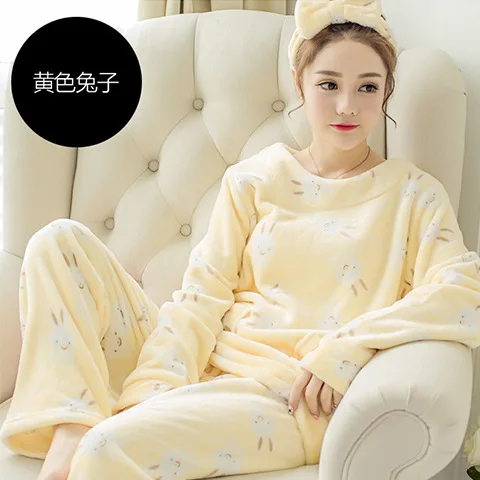 yellow rabbit Vangull, осенне-зимние женские пижамные комплекты, пижамы, костюм для сна, теплая фланелевая ночная рубашка кораллового цвета, Женская пижама с мультяшными животными - Цвет: yellow rabbit