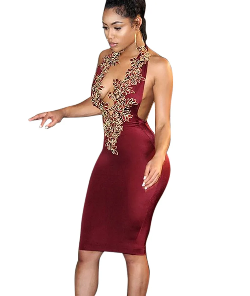 Европа и США Сексуальная висит шеи вышивки шить Slim платье|slim dress|united statesdress dress |