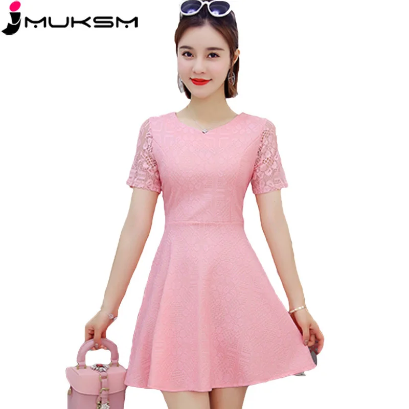 

2018 корейское летнее однотонное кружевное платье трапециевидной формы с высокой талией, женское милое платье с круглым вырезом и короткими ...