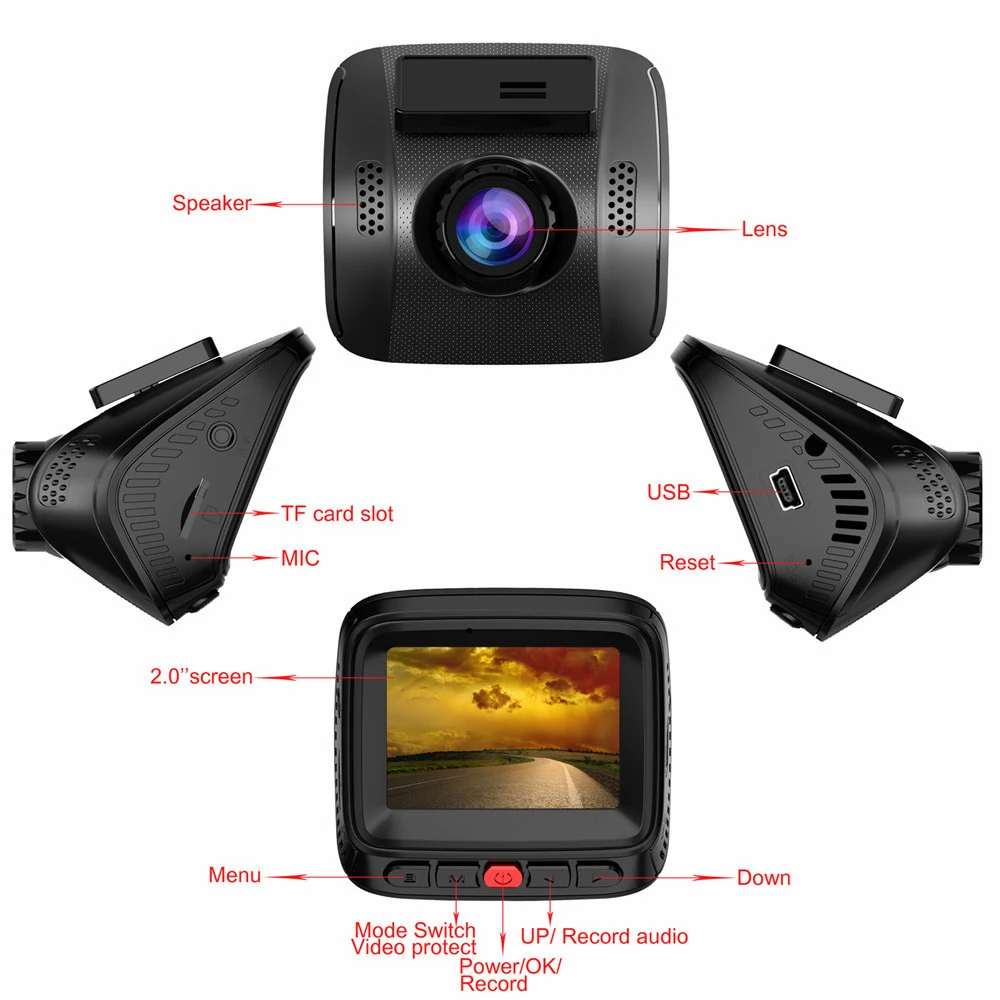 2 &quotHD 1080 P ночное видение Парковка Мониторинг экран двойной объектив