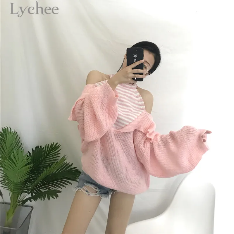 Женский Осенний вязаный свитер Lychee в полоску с открытыми плечами и рукавом
