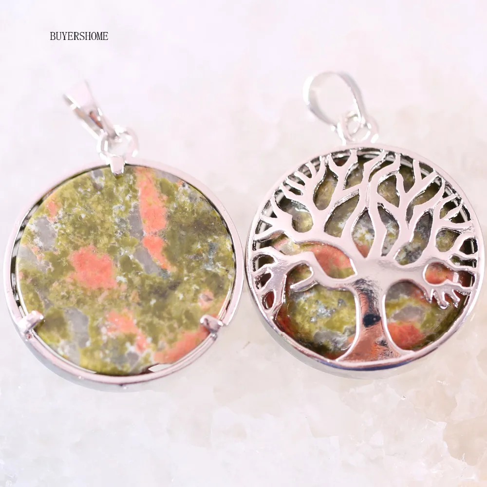 Silver Color Tree of life Round Necklace Pendant 25MM Natural Stone Onyx Lapis Tiger's Eye Malachite Howlite Crystal 10Pcs | Украшения