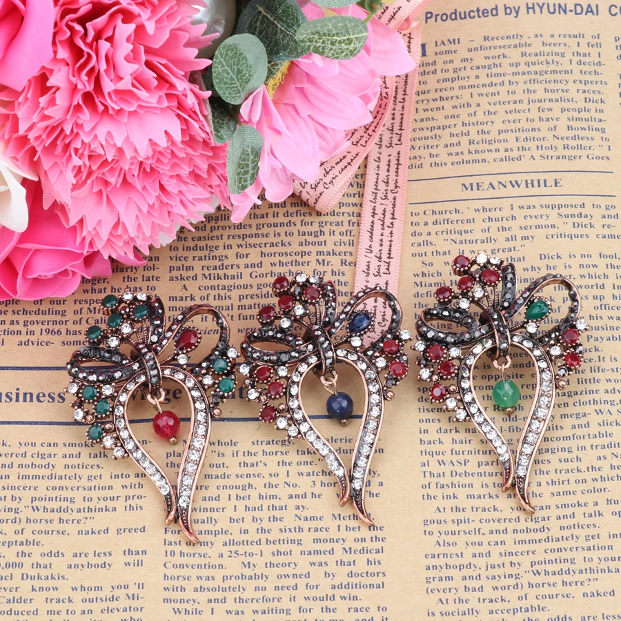 Винтажная брошь бант Kinel для женщин античное золото натуральный камень подвесные