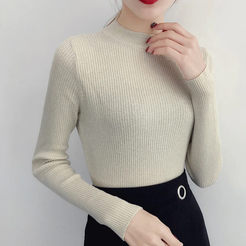 shintimes Long Sleeve Sweater Women Shiny Autumn Winter Pullover Korean Style Knitted Turtleneck Woman Basic Sweaters 2019 Femme | Женская