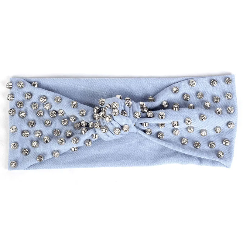Light Blue Богемные алмазные аксессуары для волос со стразами джинсовая рифлёная головная повязка для женщин девочек полосатая эластичная повязка для волос женский тюрбан обертывания - Цвет: Light Blue