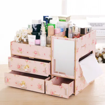 Camellia Деревянный Комод, коробка для хранения косметики, многослойный отсек, шкатулка для ювелирных изделий, для хранения мелочей, организация с зеркалом - Цвет: Camellia