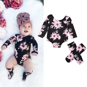 Прекрасный Одежда для новорожденных девочек и малышей Цветочный принт с длинными рукавами, боди-комбинезон, хлопковые мягкие гетры комплект из 2 предметов, одежда на возраст от 0 до 18 месяцев