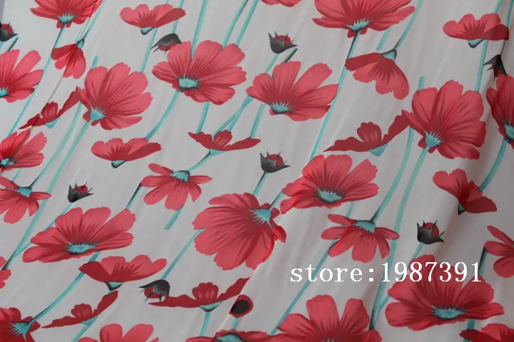 Шифоновая ткань с принтом красных цветов шириной 145 см 75D белый фон для летней