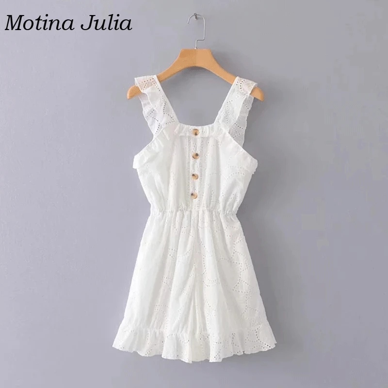 Женский хлопковый комбинезон Motina Julia белый короткий пляжный с кружевной оборкой