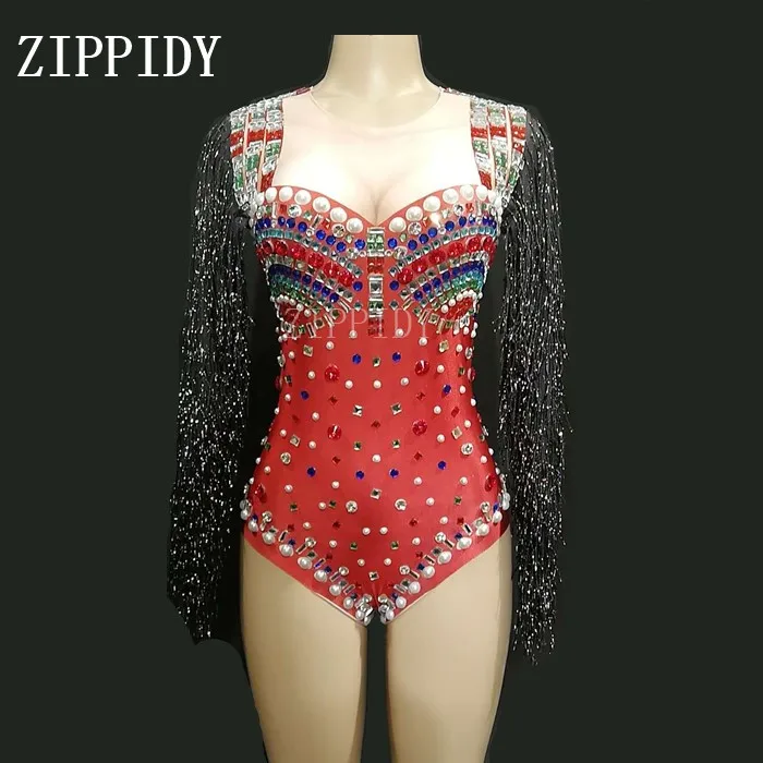 Женское боди с бахромой и разноцветными камнями красное сексуальное женская